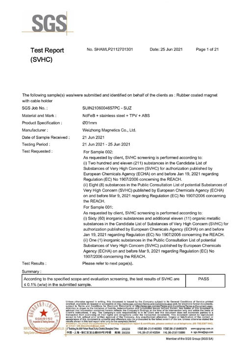 Weizhong Magnetics REACH Compliance Test & Certification